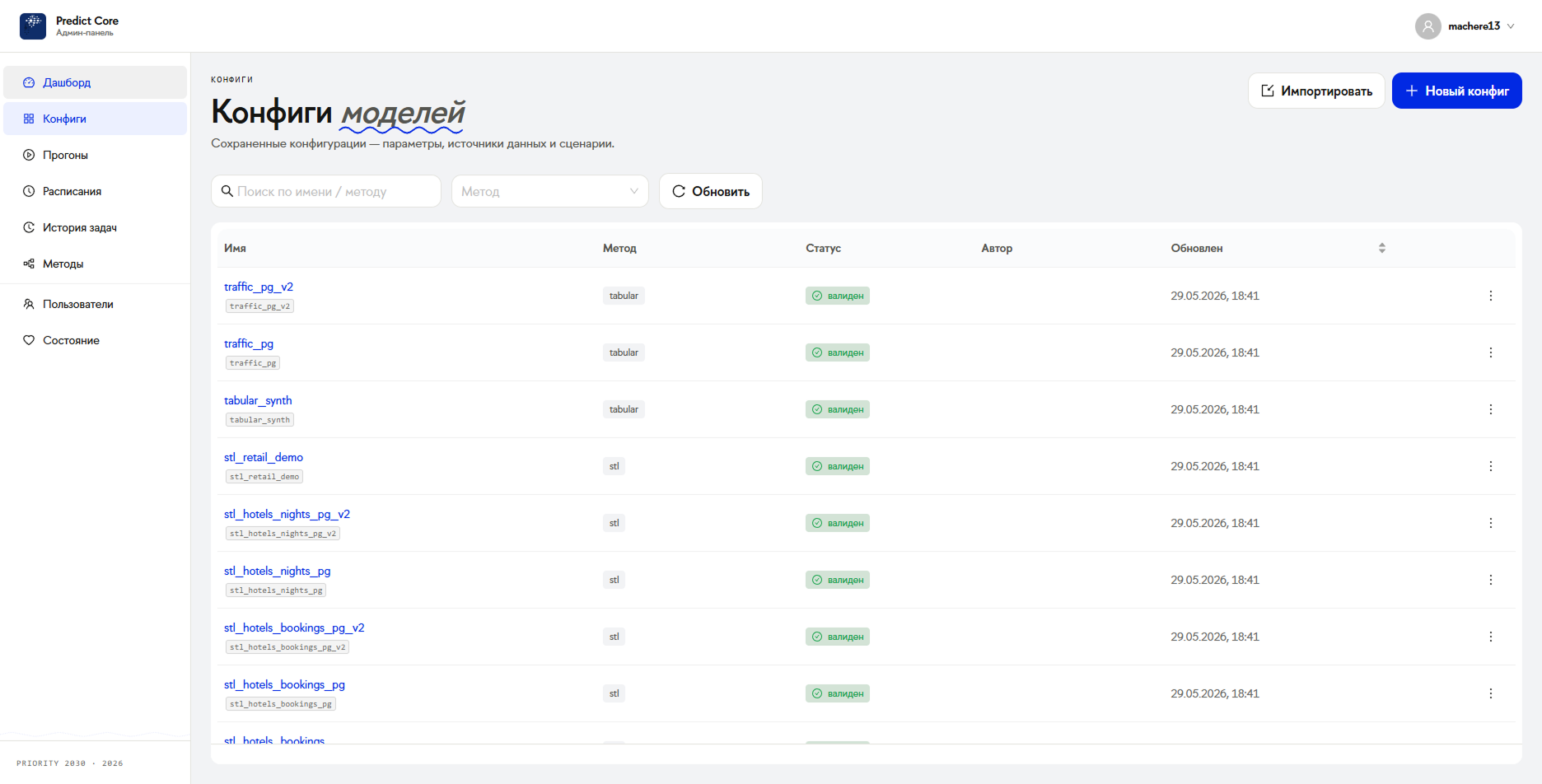 Скриншот сервиса: ML-платформа предиктивной аналитики с подключаемыми отраслевыми адаптерами