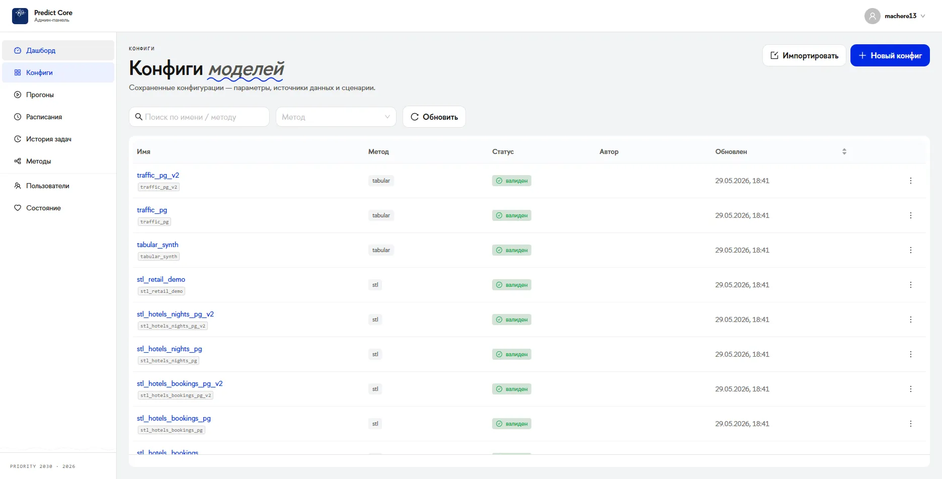 Скриншот сервиса: ML-платформа предиктивной аналитики с подключаемыми отраслевыми адаптерами