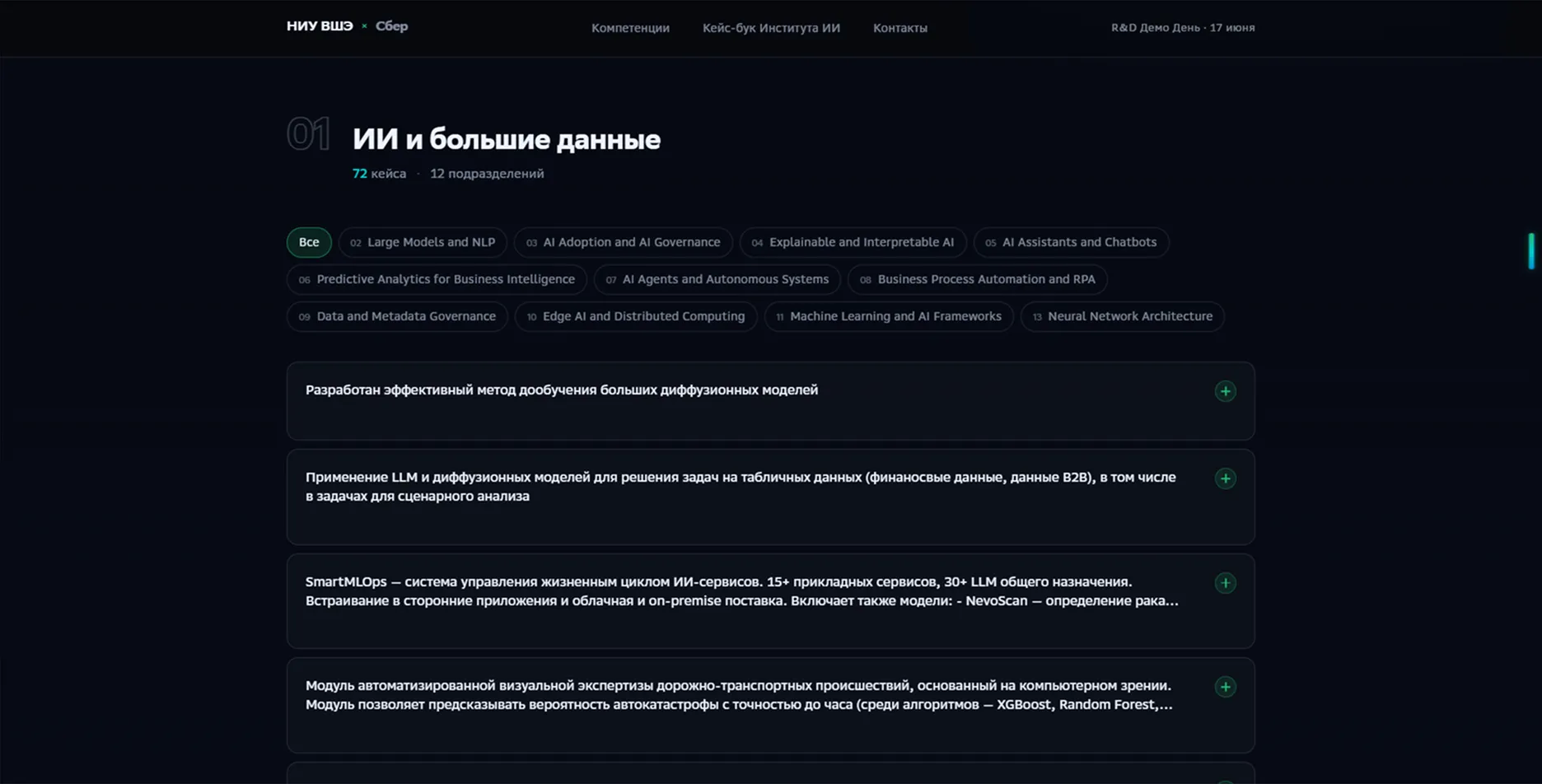 Скриншот сервиса: Сайт-витрина компетенций Института ИИиЦН для мероприятия «R&D Демо День»